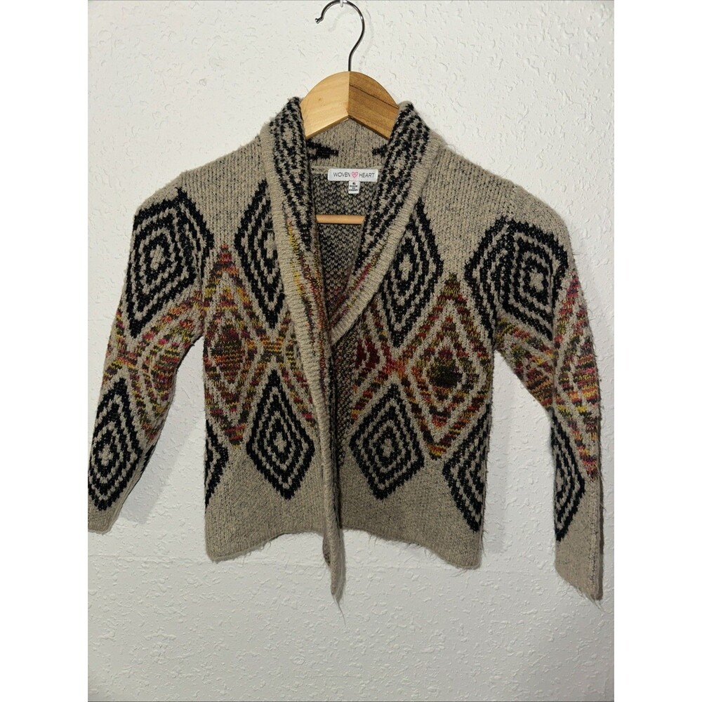 WOVEN HEART OPEN FRONT CARDIGAN SWEATER GEO PRINT KIDS SZ 6 AZTEC WESTERN EUC